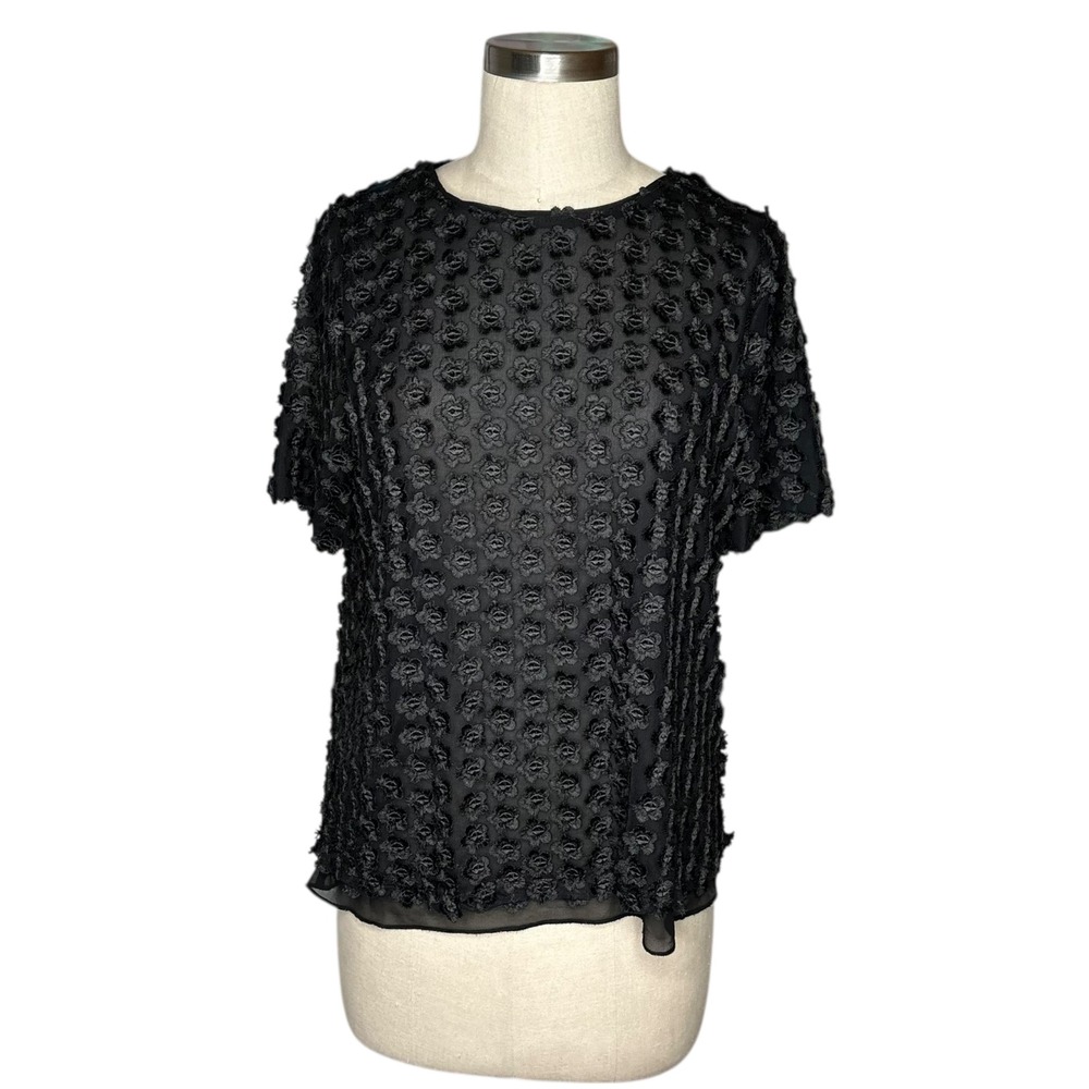 REISS Sienna Black Embellished Jacquard Mesh Short Sleeve Sheer Top Size US 4